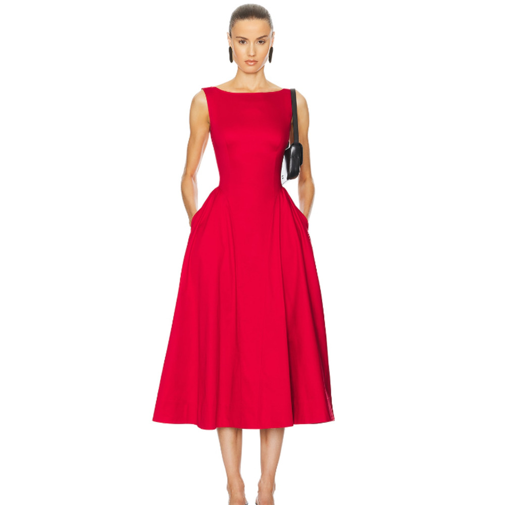 Helsa Red Stretch Cotton Sateen Midi Dress - Picture 2 of 12